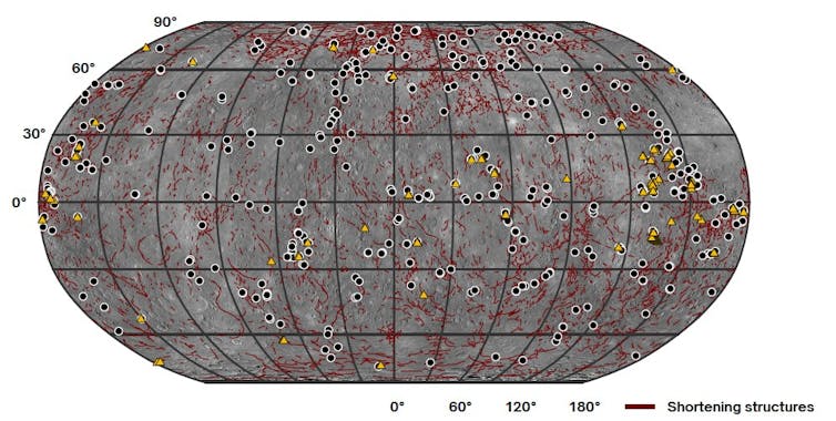 Global map of shortening structures atop lobate scarps