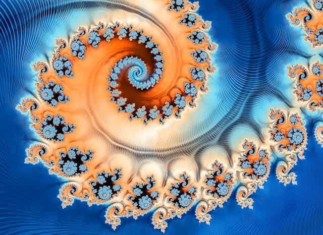 A blue and orange swirling fractal shape