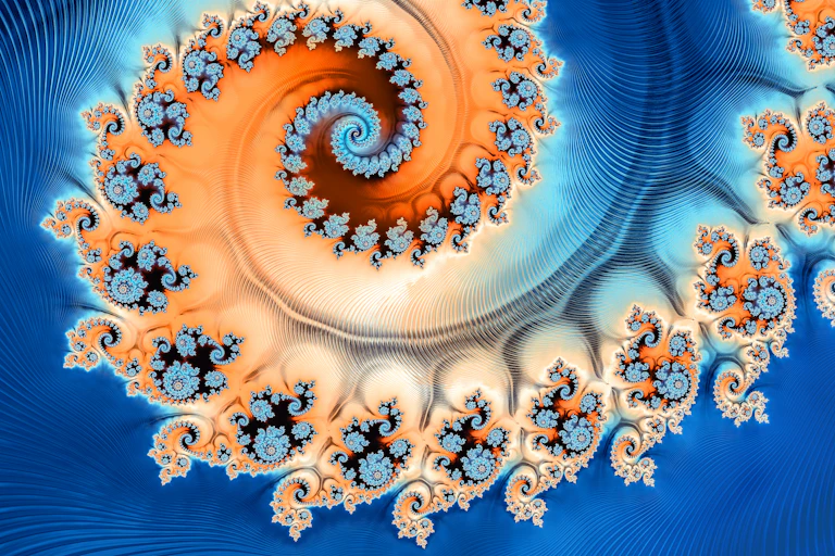 A blue and orange swirling fractal shape