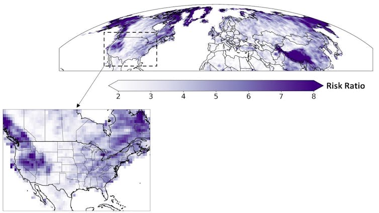 Maps show the US and other regions of the Northern Hemisphere with rising rainfall intensity. Western North America and the Himalayas stand out