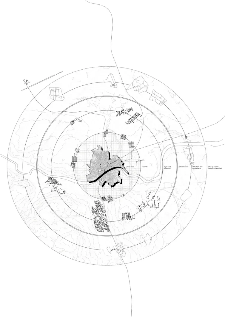 A graphic showing suburban town planning.