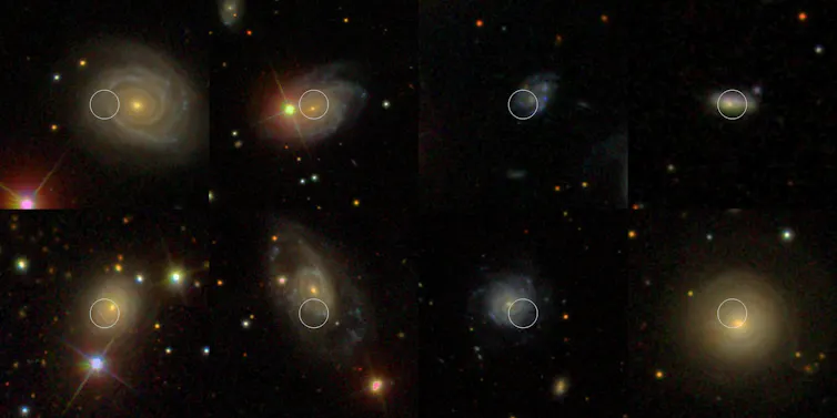 eight bright circles in a dark sky