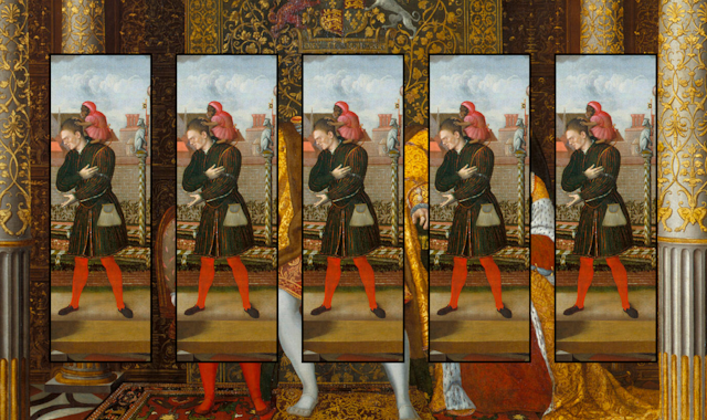 Wiliam Sommers on top of a portait of Henry VIII and his family. 