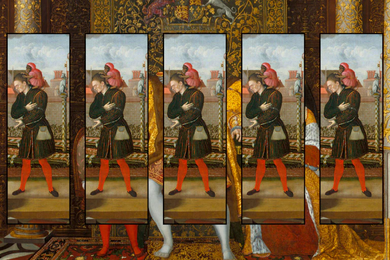 Wiliam Sommers on top of a portait of Henry VIII and his family.