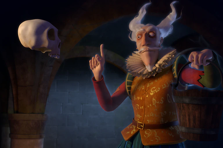 Animation of an old man in Shakespearean clothes talking to a floating skull.