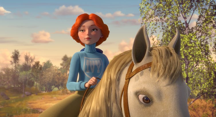 Animated young ginger woman riding on a horse.