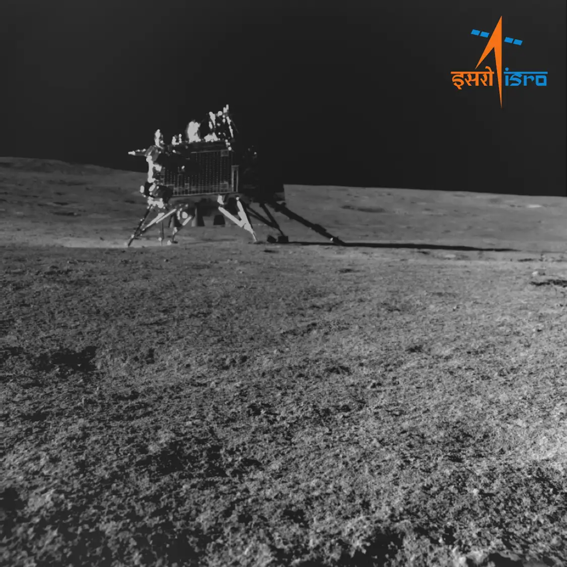 Chandrayaan-3 sits on the lunar surface, its robotic legs extended.