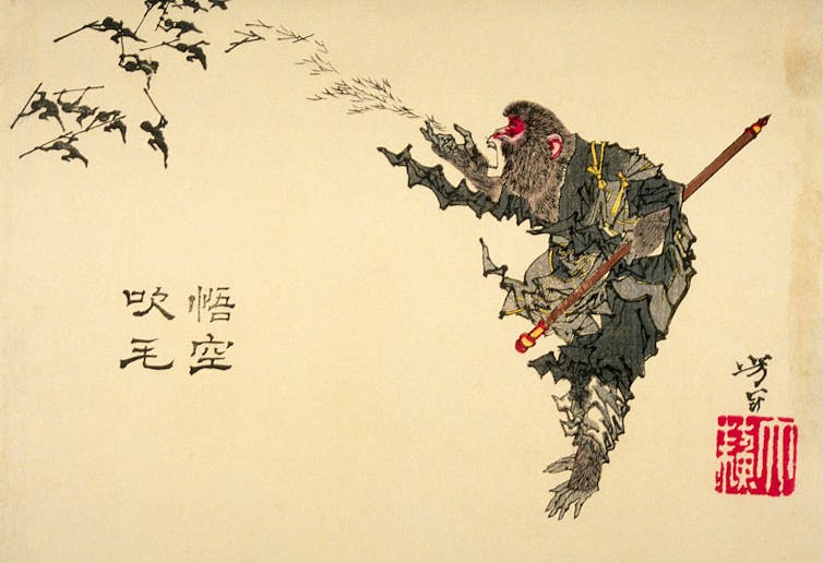 A Japanese ink sketch of a monkey creating small, flying creatures out of his breath.