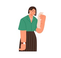 A young woman looking sadly at a receipt.