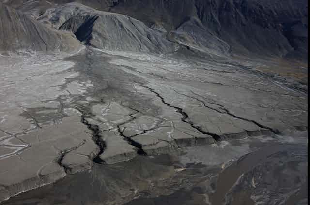 An ice field with channels cut through.