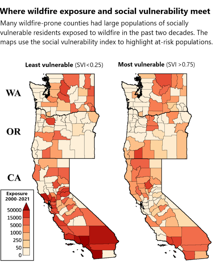 Two maps show where the least and most vulnerable people were exposed to fires in California, Oregon and Washington. The Oregon-California border, where several fires burned in 2023, stands out.