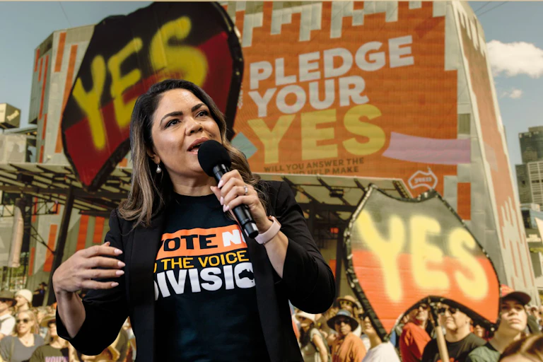 Protesters and Jacinta Price