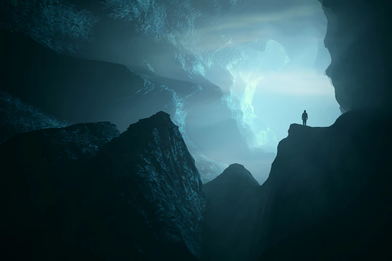 Illustration d'une silhouette dans une grotte.
