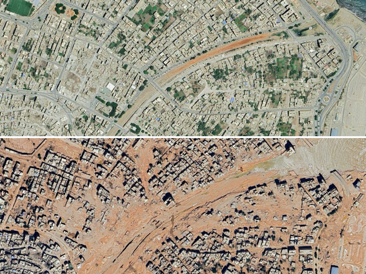 A composite image of two aerial photographs of a city taken by satellite.