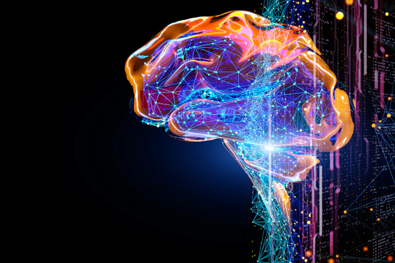 A computer-generated color image of a brain that suggests brain activity.