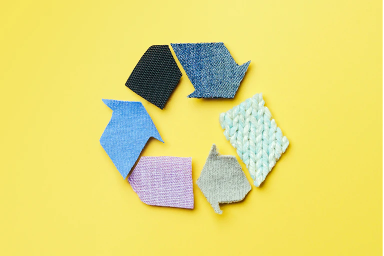 Recycling symbol made of different types of fabric on a yellow background.