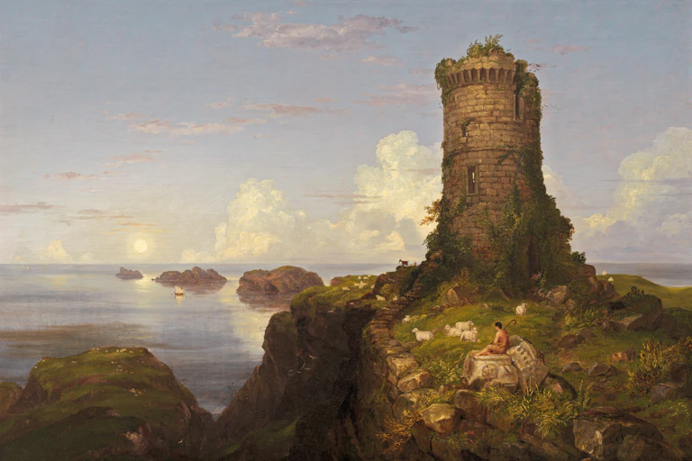A pastoral, coastal scene of a shepherd and his flock resting near a crumbling tower.