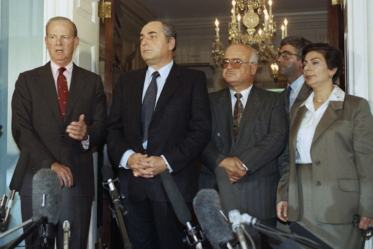 James Baker, Faisal Husseini, Zakaria Al-Agha, Sari Nusseibah and Hanan Ashrawi