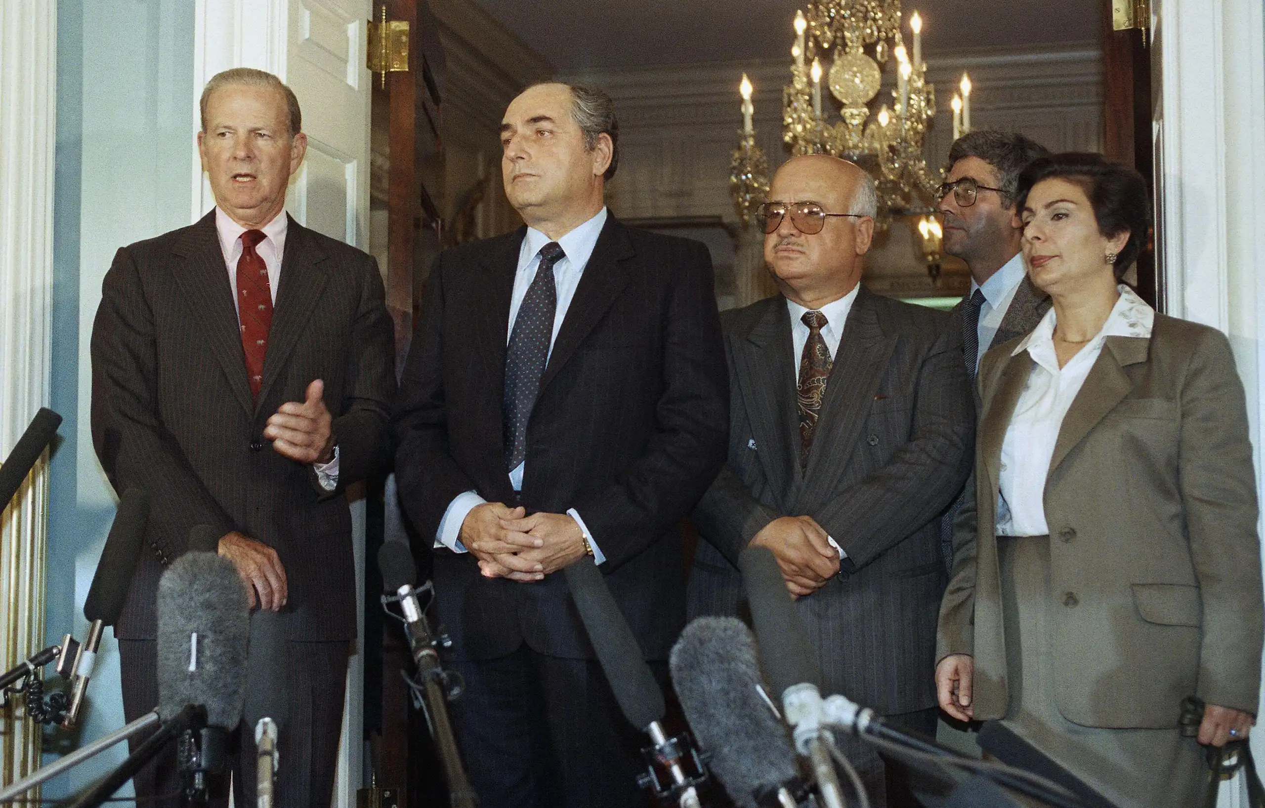 James Baker, Faisal Husseini, Zakaria Al-Agha, Sari Nusseibah and Hanan Ashrawi