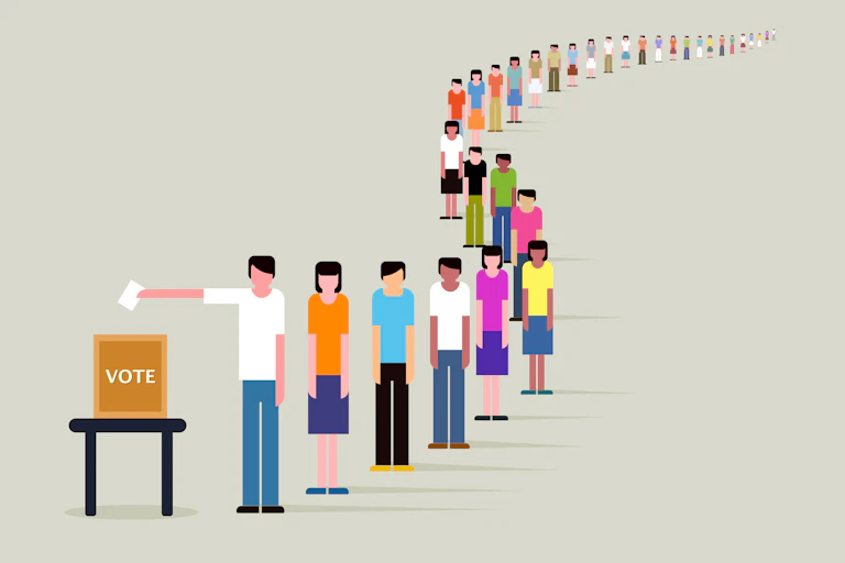 Images of men and women lining up to vote.