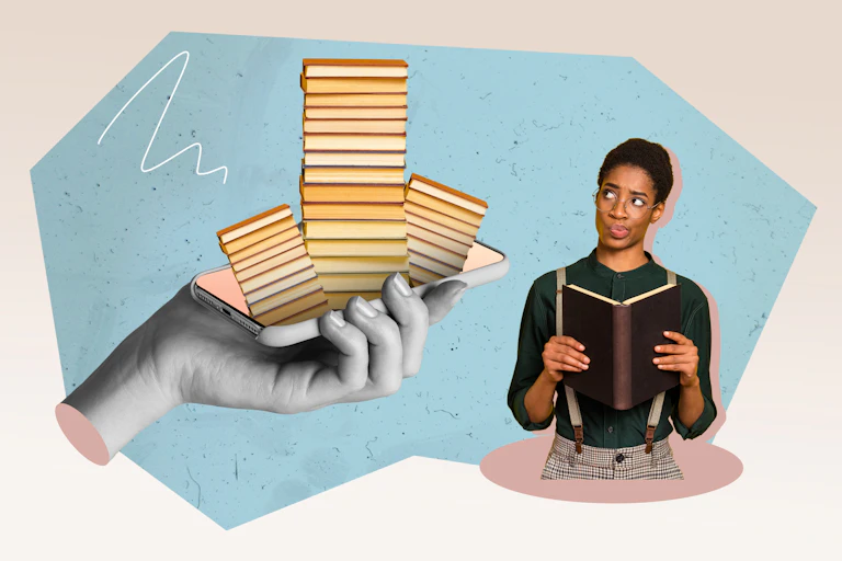 A pile of books coming out of a phone screen and a young woman looking at the graphic quizzically