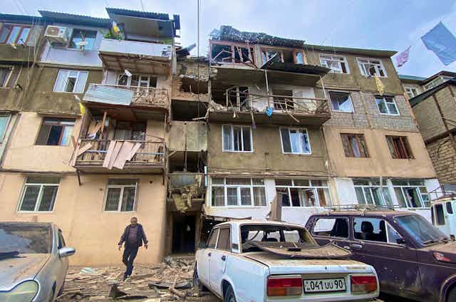 A block of apartments in Nagorno-Karabakh damaged by shelling.