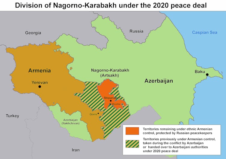 Map of Nagorno-Karabakh showing boundaries after 2020 waar between Armenia and Azerbaijan.