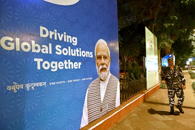 A large poster for the G20 summit featuring India Prime Minister Narendra Modi