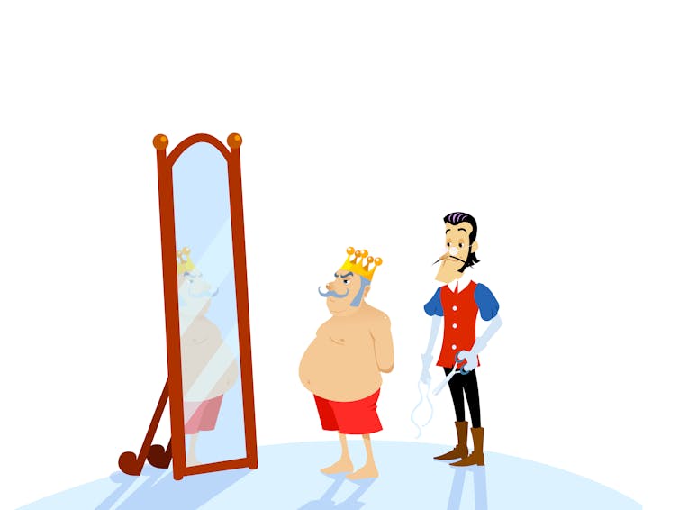Illustration of a tailor, and a king looking in a mirror in his underwear.