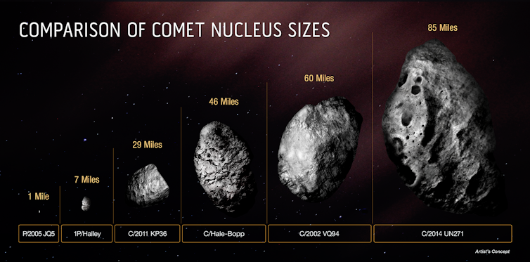 A diagram showing comet nuclei, which look like gray rocks, of progressively larger sizes.
