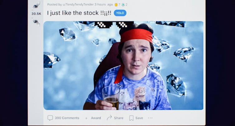 Screenshot from social media forum of a man (Keith Gill/Roaring Kitty) with a red headband and the caption: I just like the stock.