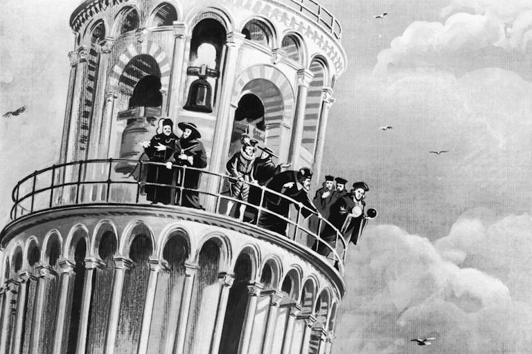 In a black and white illustration, a group of astronomers dressed in 16th century robes and hats, stand on the balcony of the Leaning Tower of Pisa, against a cloudy backdrop.