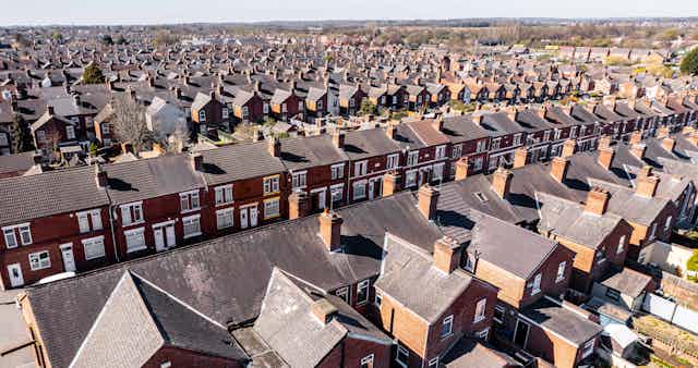 An aerial view of terraced housing.