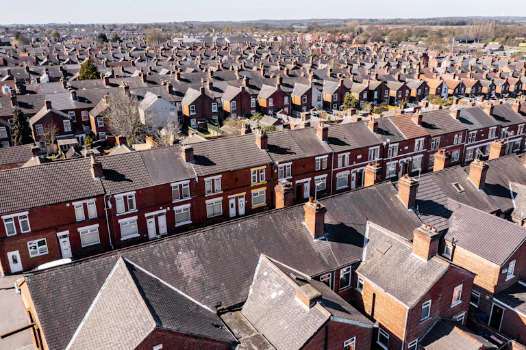 An aerial view of terraced housing.