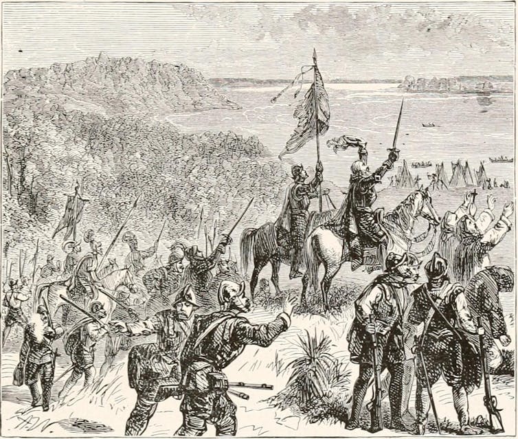 A black and white sketch showing people approaching, some riding horses, holding either flags or guns in their hands.