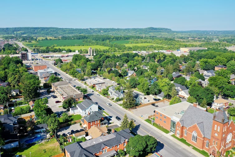 aerial view of a suburban neighbourhood bordered by farmland