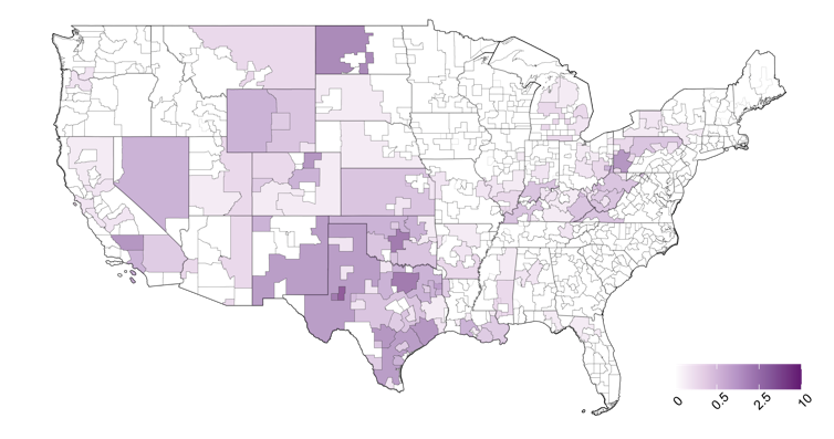 A map shows the greatest density of jobs from Texas and New Mexico through Montana and Wyoming; Nevada; and from Kentucky through Pennsylvania.