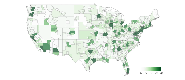 The map shows pockets across the U.S., such as California, the Upper Midwest and the Northeast.