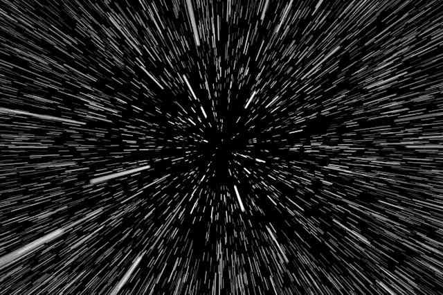 Ilustrasi bintang-bintang yang kabur melintas dari sudut pandang bergerak cepat di angkasa