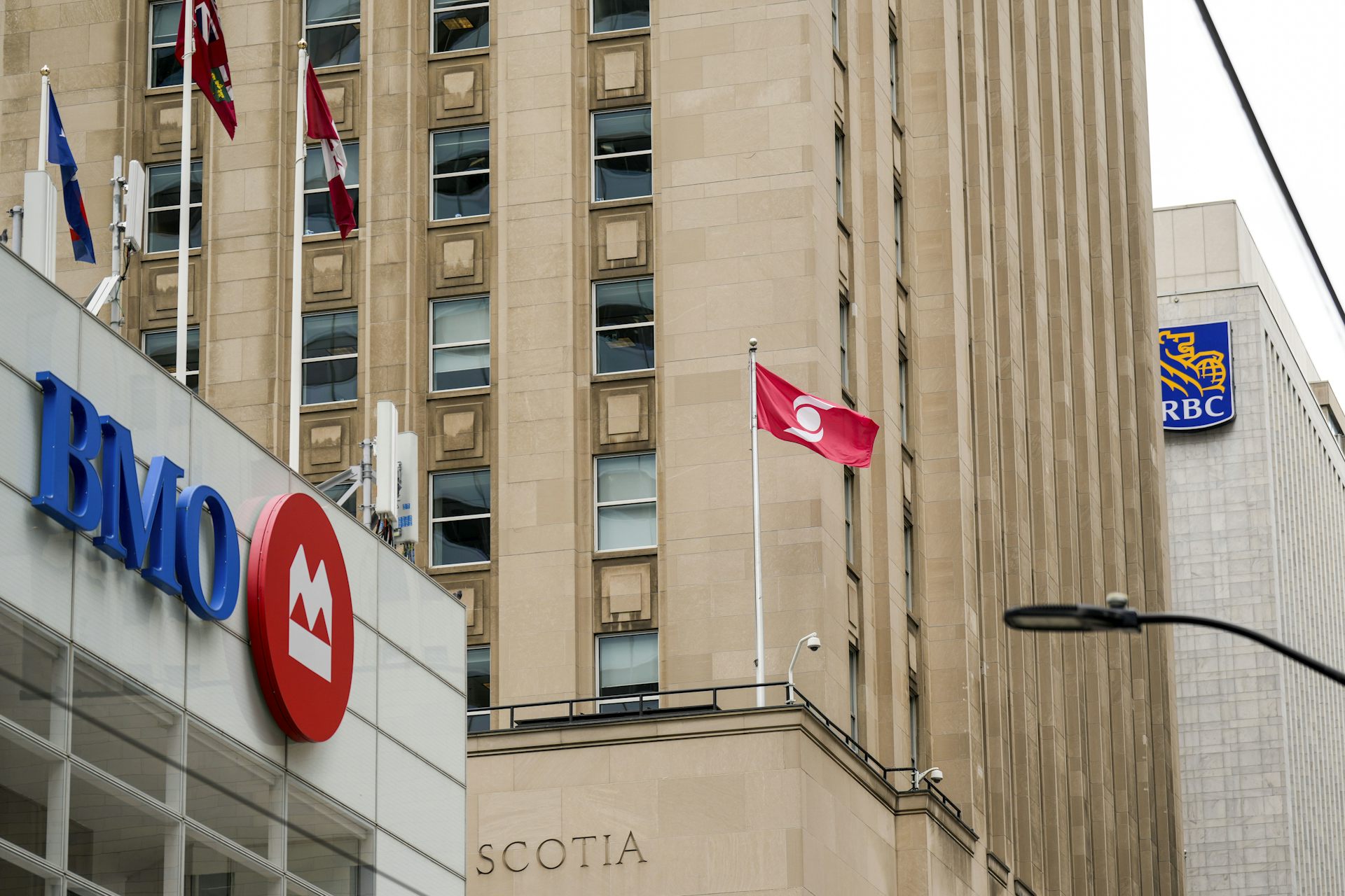 Buildings with Bank of Montreal, Bank of Nova Scotia and Royal Bank of Canada signage.