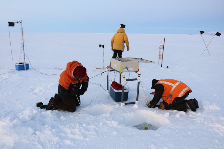 A team of people deploying an instrument on Antarctic sea ice.