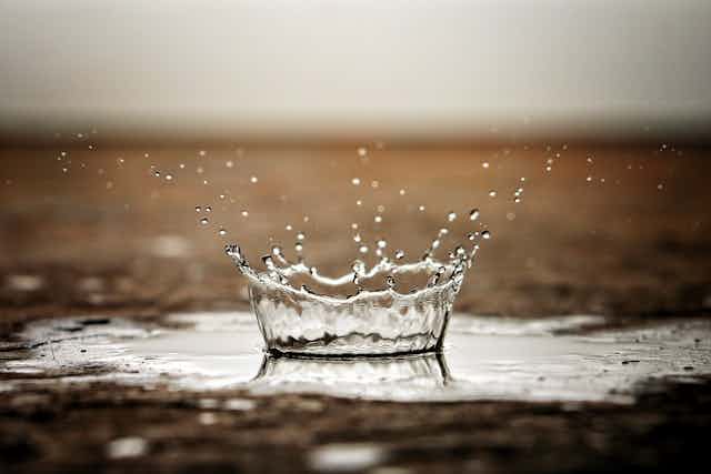 One rain drop in macro against the arid scorched earth, creating a "water crown"
