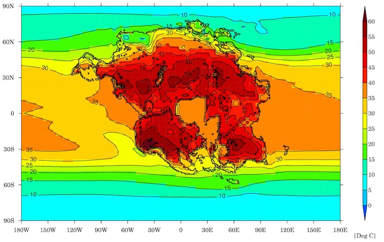 A map showing the mean surface temperature on Pangea Ultima of the warmest month.