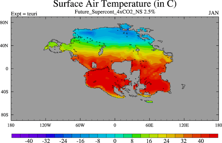An animation showing the projected monthly surface temperature average on Pangea Ultima.