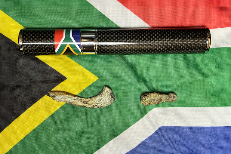 Un tubo negro y plateado, con una pequeña bandera sudafricana en el lateral, y dos huesos recostados sobre una gran bandera sudafricana.