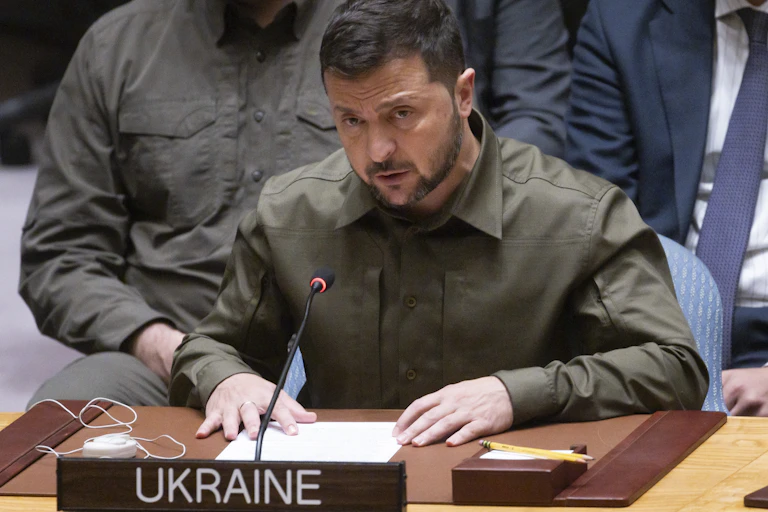 Ukrainian president Volodymyr Zelensky addresses the United Nations security council