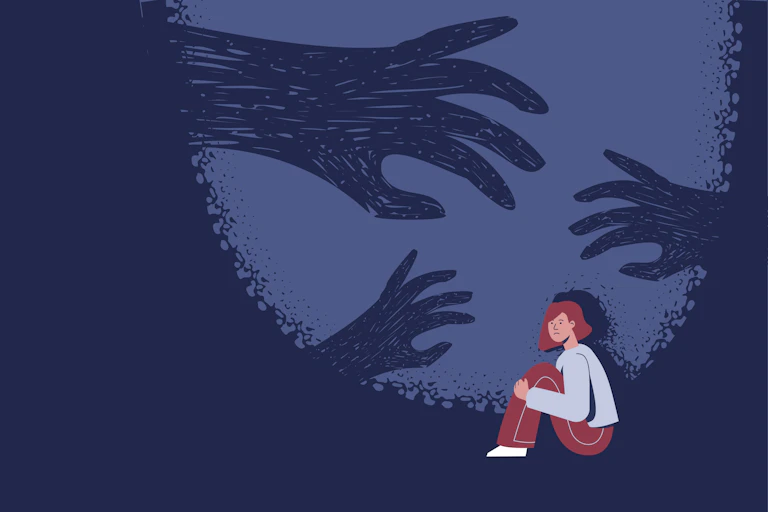 Illustration of girl with threatening hands looking over her