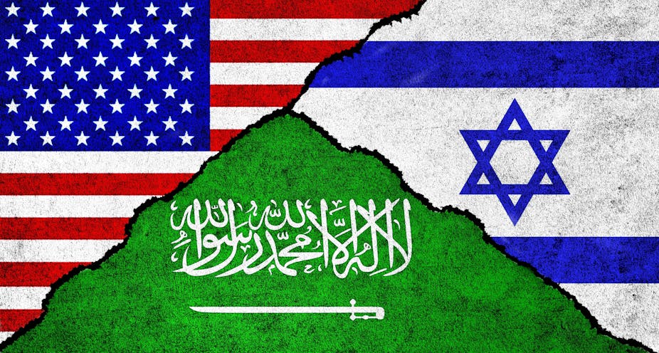 Montage représentant les drapeaux des États-Unis, d'Israël et de l'Arabie saoudite