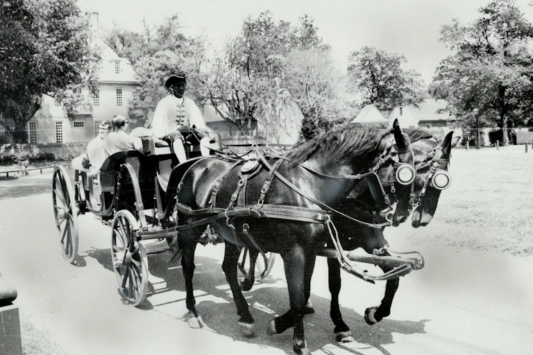 A Black man sits atop a horse-driven carriage that is carrying several white tourists.