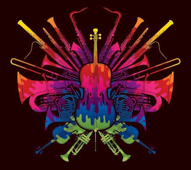 A colourful illustration of orchestral instruments arranged in a geometric pattern against a black background.